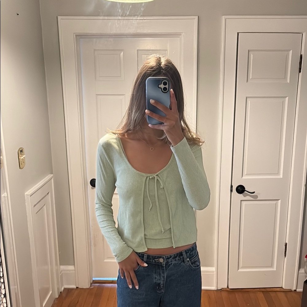 Freshman Green Long Sleeve Tie Front Blouse with tank underneath